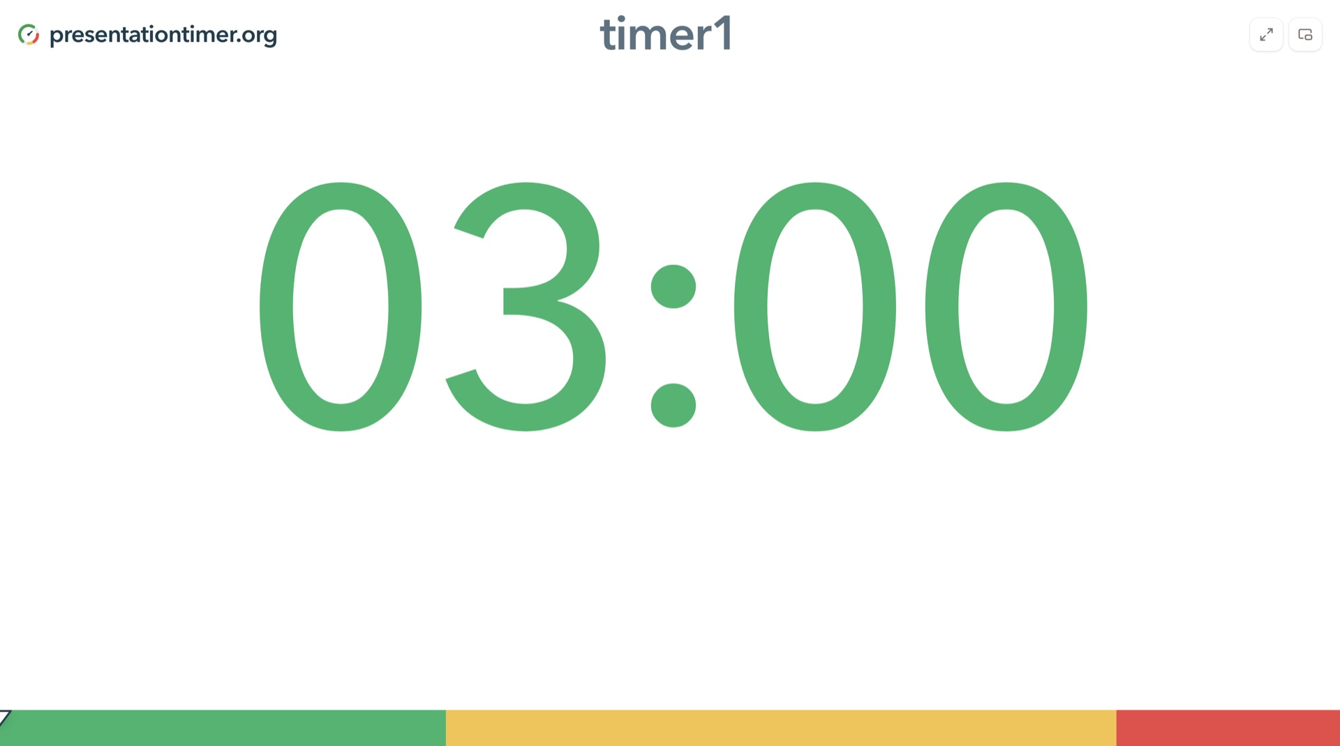Full-screen PresentationTimer speaker display showing a large 03:00 countdown with a green, yellow, and red timing progress bar along the bottom of the screen