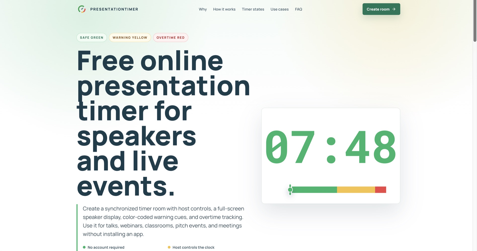 PresentationTimer homepage showing a free online presentation timer for speakers and live events, with a 07:48 countdown card and a green, yellow, and red warning bar