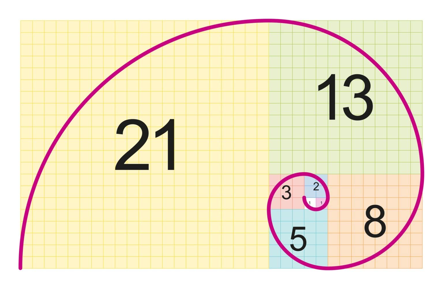 Fibonacci sequence spiral - what is fibonacci sequence visualization showing squares with fibonacci numbers 1, 1, 2, 3, 5, 8, 13, 21 and golden ratio spiral curve